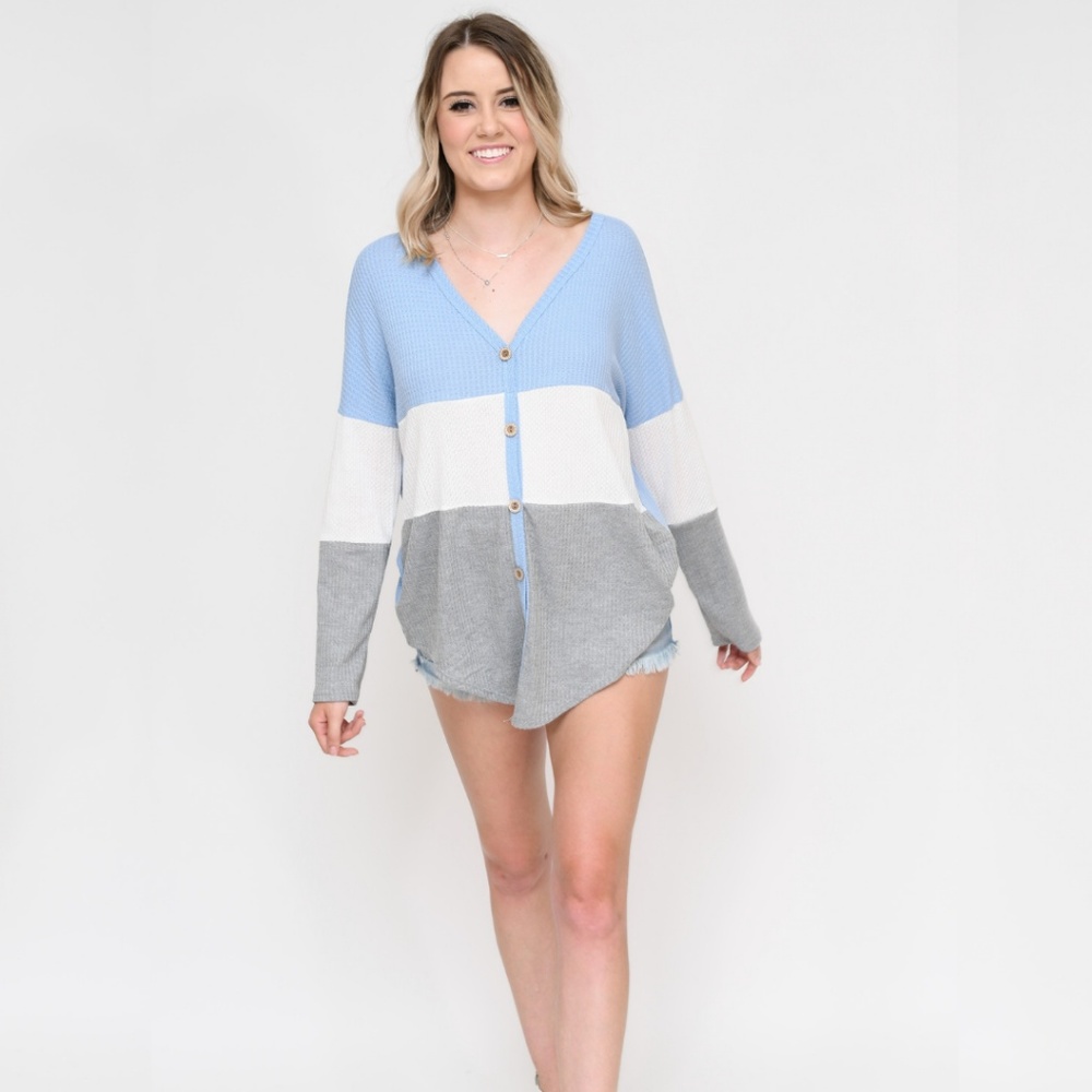 Limited Quantity Block Stripe Tie Front Waffle Top - Picture 6 of 6